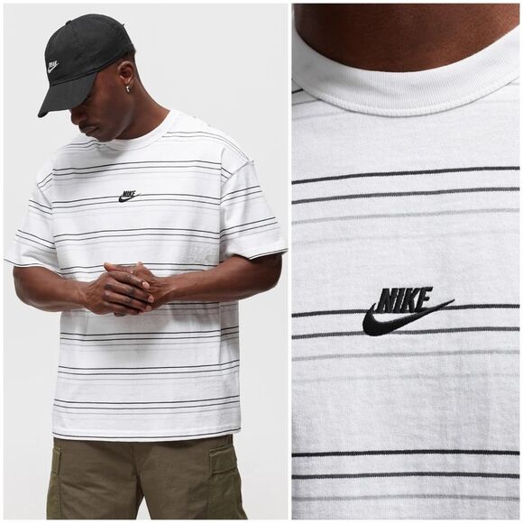NIKE Men's L Center Swoosh Striped Embroidered Logo Short Sleeve Shirt White - Picture 1 of 16